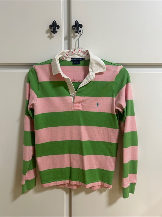 Polo Ralph Lauren Tops - Vintage Preppy Polo by Ralph Lauren Pink and Green Striped Rugby Polo Y2K